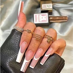 24pc Nail Kit Long White Abstract French Tip Press On Nails| Line Work Nails